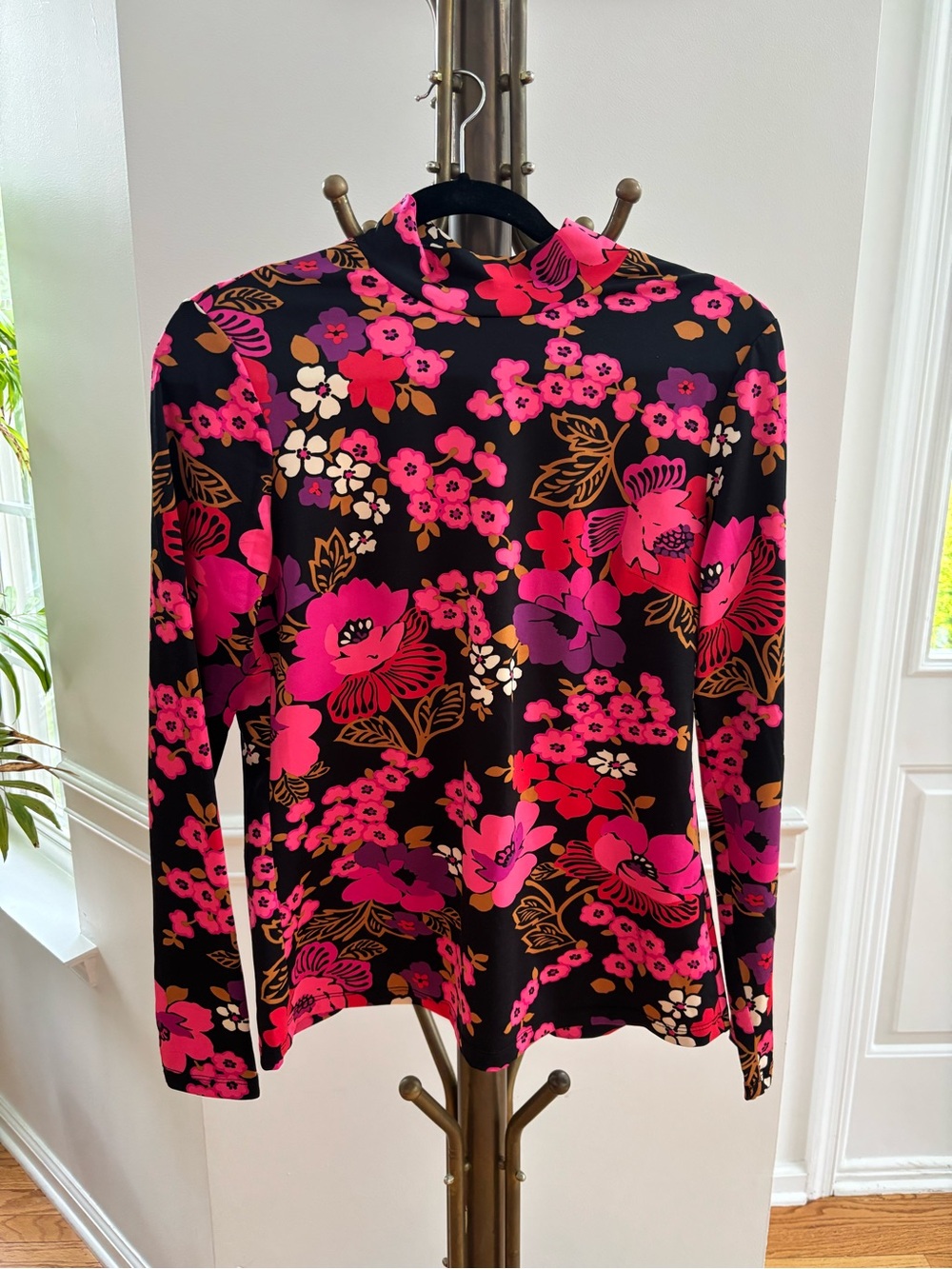 JB by Julie Brown Black Long Sleeve Mock Neck Top with Pink Floral Print